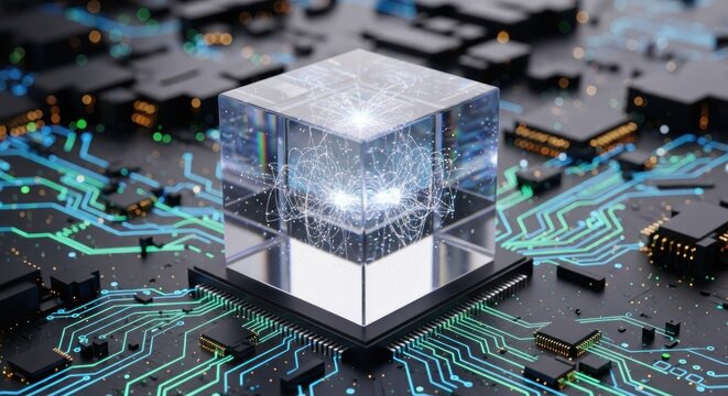 A transparent cube with a glowing, abstract pattern inside, set against a circuit board background.