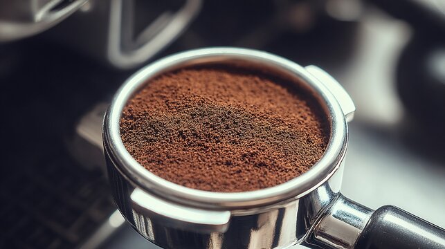 portafilter. Close-up of fresh ground coffee in a portafilter, coffee brewing preparation. bar promotions, beverage menus, designed for food & beverage menus and cafe branding, inspires menu design.