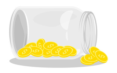 Isometric coins remains of family budget scattered on the table from an open glass jar. Isolated cartoon vector on white background top view
