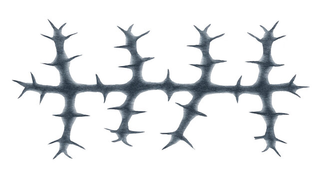 Metallic thorn branch abstract symmetrical pattern isolated on transparent background sharp spikes dark silver color modern design nature inspired artistic edgy dramatic