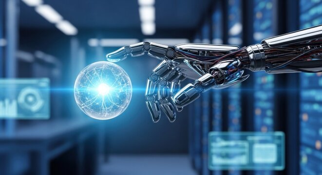 A robotic hand holding a glowing sphere in a server room.