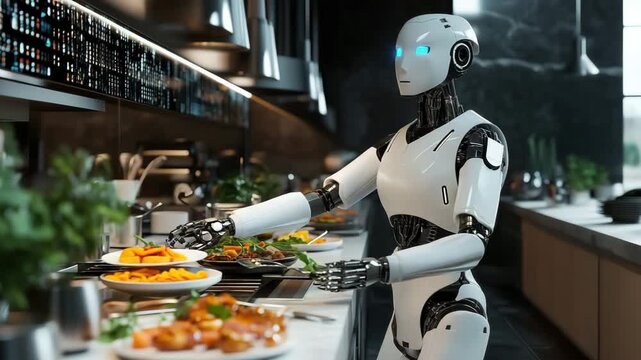 Humanoid robot chef preparing food in a modern kitchen: embracing culinary automation