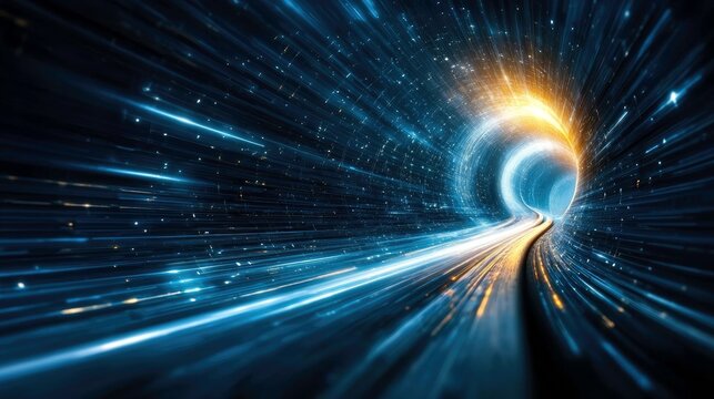 A dynamic, abstract depiction of a glowing tunnel with streaks of blue and orange light, suggesting rapid movement through space or a digital network.