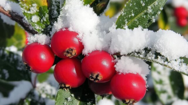 Snow covering red berries of cotoneaster plant in winter