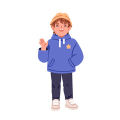 Happy boy with imperfect smile, tooth gap, diastema. Cute little kid greeting with hand. Kindergarten preschool child standing, dental overbite. Flat vector illustration isolated on white background