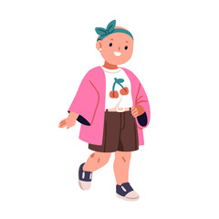 Happy kid with alopecia. Hairless bald girl standing and smiling. Cute joyful confident child character in headband and casual clothing. Flat vector illustration isolated on white background