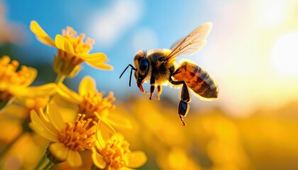A bee is captured in mid-flight, its wings outstretched, approaching a cluster of vibrant yellow flowers.