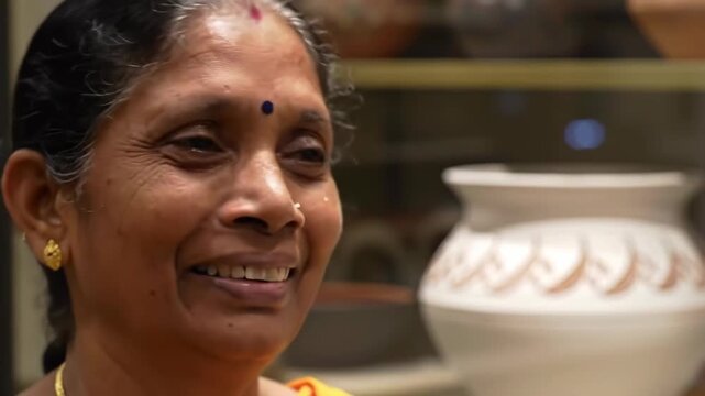 Portrait of mature Asian woman with traditional bindi and pottery craft art.