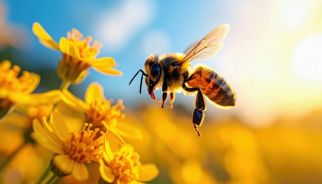 A bee is captured in mid-flight, its wings outstretched, approaching a cluster of vibrant yellow flowers. - Powered by Adobe