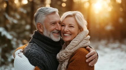 Happy senior couple embracing and smiling in snowy winter forest at sunset - Powered by Adobe