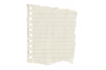 Torn lined paper sheet with punch holes, providing empty space for message, note, or reminder on transparent background