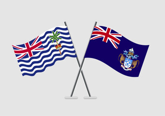British Indian Ocean Territory and Tristan da Cunha vector flags on soft gray with realistic wave