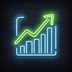 Neon rising bar chart icon on dark brick wall background