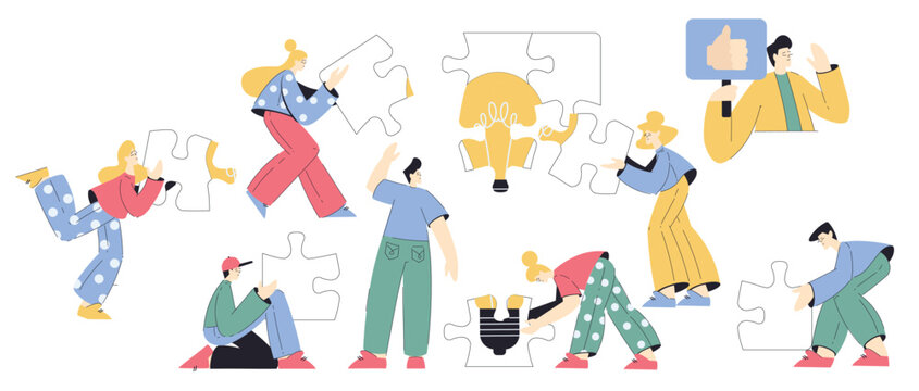 Jigsaw Puzzle with Man and Woman Connecting Element Together Vector Set