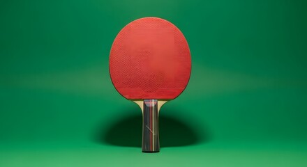 A close-up of a red table tennis paddle with a black handle placed on a green background, highlighting the sport equipment used in recreational and competitive ping pong games
