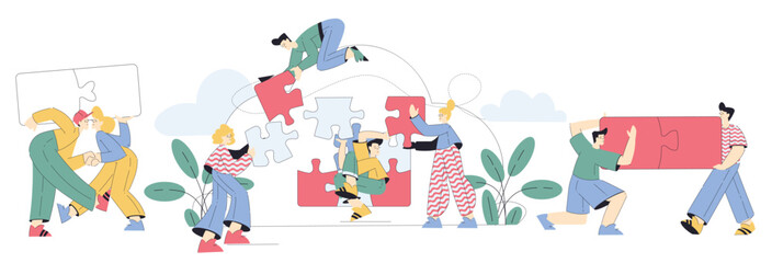 Jigsaw Puzzle with Man and Woman Connecting Element Together Vector Set