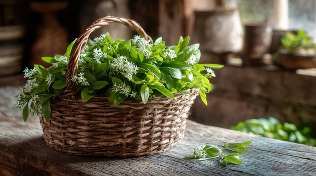 woodruff. Woven wooden basket filled with freshly picked woodruff herbs in a rustic kitchen. menu design, packaging mockups, designed for culinary blogs and recipe cards for restaurants.