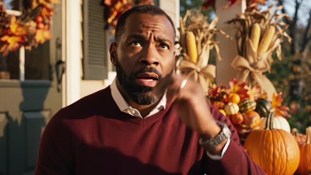 African american man anxiously checks watch while standing on porch decorated for autumn or thanksgiving day.