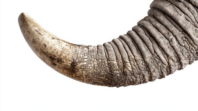Close up view of a large curved animal horn with textured skin against a white background