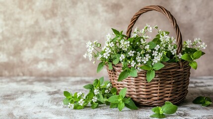 woodruff. Woven wooden basket filled with freshly picked woodruff herbs in a rustic kitchen. menu design, packaging mockups, designed for culinary blogs and recipe cards for restaurants.