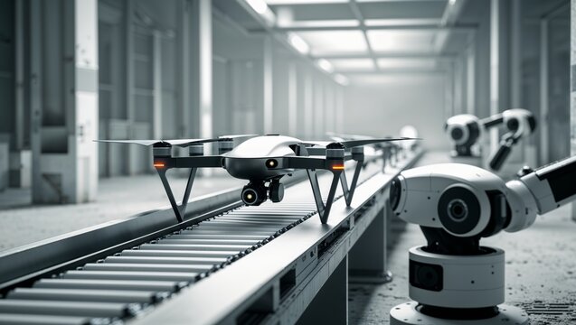 Drone assembly line in a modern industrial facility, automated manufacturing - Powered by Adobe