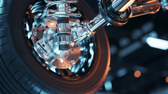 Automotive closeup suspension coilover shock absorber wheel chassis engineering, shiny metal car underbody with brake disc, steering linkage, futuristic vehicle technology, garage mechanic repair loop