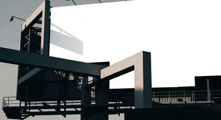 Industrial architectural structure with geometric shapes and bright background.