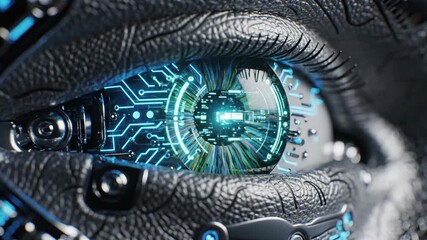 Close up of a futuristic cyber eye with digital circuitry and green pupil - Powered by Adobe