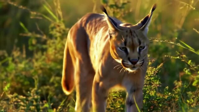 Beautiful Caracal cat walking in tall grass during daytime. African wildlife.