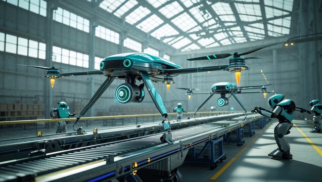 Robotic drones and automated robots working in a futuristic factory setting