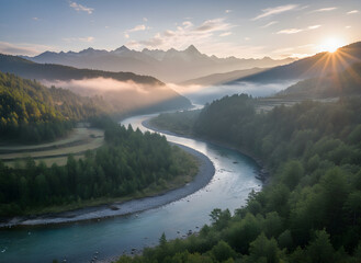 Sunrise reflection on a beautiful mountain lake landscape with fog and clouds