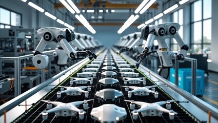 Robotic arms assembling drones on an automated production line in a factory