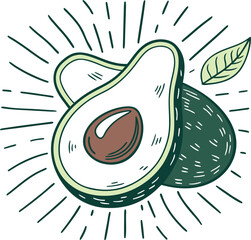 Stylized avocado illustration with a sliced half, seed, leaf and radiant lines. Clean minimal vector in green tones. Great for healthy food concepts, packaging, restaurant branding, stickers, etc