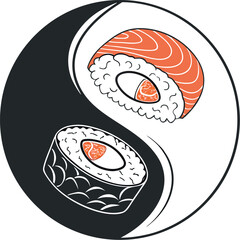 Minimalistic yin yang symbol with sushi rolls, salmon maki, and clean line art. Modern vector illustration for restaurant design, Japanese food branding, and menu decoration.