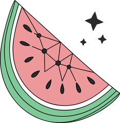 Cute watermelon slice with geometric constellation lines and star elements. Minimal pastel colors and clean vector style. Perfect for summer designs, stickers, packaging, kids&rsquo; themes, and decorative 