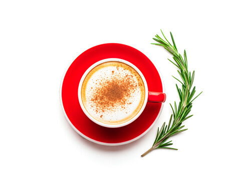 Overhead view of a cappuccino in a red cup, decorated with cinnamon and fresh rosemary sprigs on a clean white background. Minimalist coffee photography - Powered by Adobe