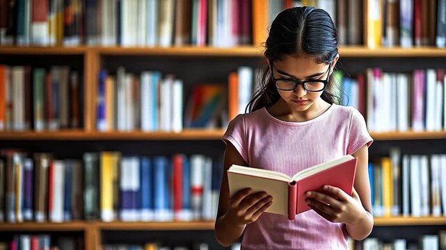 Girl reading book in library