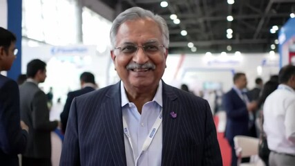 Mature Asian man in business suit at trade show, attending conference. Industry professional networking at event, indoors.