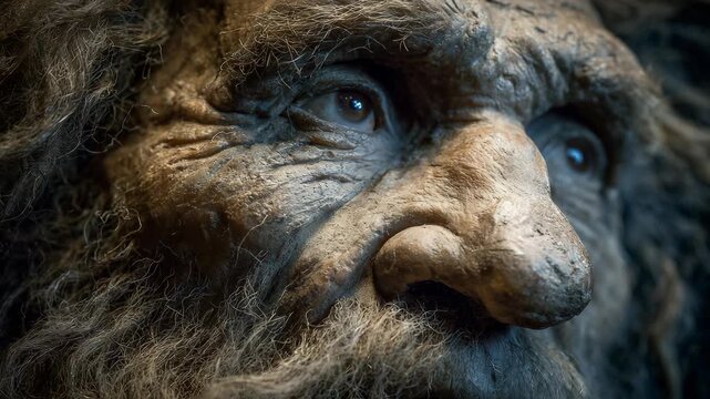 Close-up Portrait of a Neanderthal Man with Intense Gaze, Showing Detailed Skin Texture and Hair, Prehistoric Human Ancestor