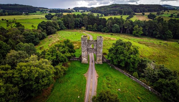 An aerial view captures a weathered stone archway, a pathway leading through lush green fields and trees, and rolling hills in the distance.