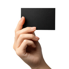 Obraz premium A hand presents a black card against a transparent backdrop, lit with soft light