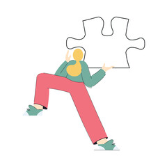 Woman Hold Big Jigsaw Puzzle Connecting Element Together Vector Illustration