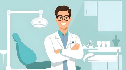 Dentist office scene celebrating world dentist day with professional dentist. International Dentist day. Stomatology Day. Dental health and hygiene concept. Flat illustration. Copy space 