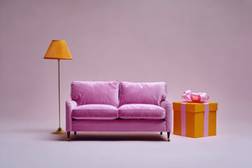 Pink velvet couch with yellow gift box