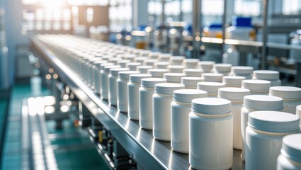 Obraz premium Pharmaceutical production line with white bottles on a conveyor belt in a factory