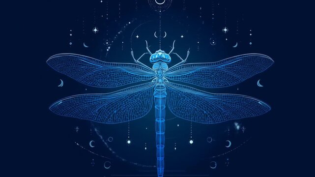 Blue line art dragonfly with moon phases and stars on a dark blue background