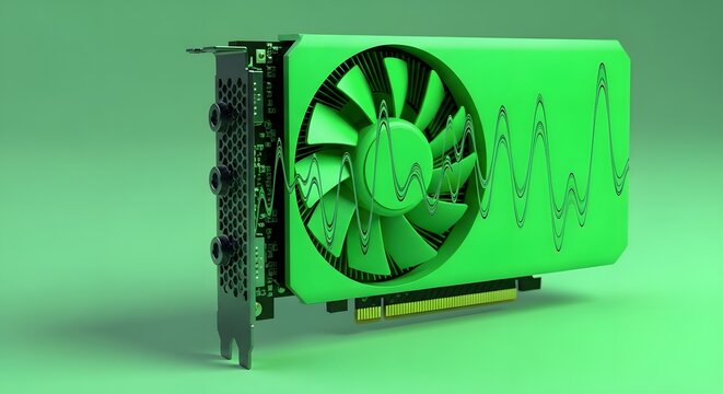 A modern green graphics card with a cooling fan and electronic components displayed against a matching green background