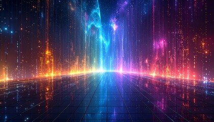 Abstract grid reflects light pillars of blue, orange, and magenta in a futuristic digital landscape