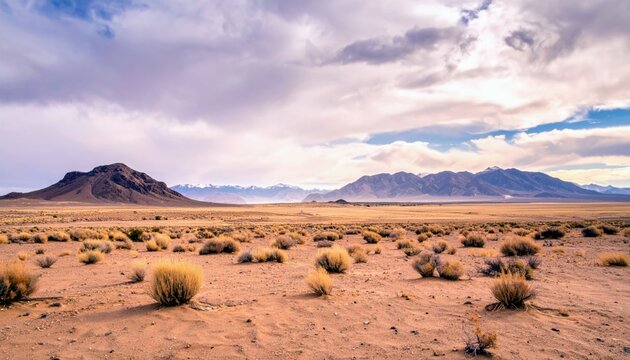 A wide, arid desert vista stretches towards a range of distant, snow-capped mountains, with a solitary dark mountain in the mid-ground and scattered dry brush i - Powered by Adobe