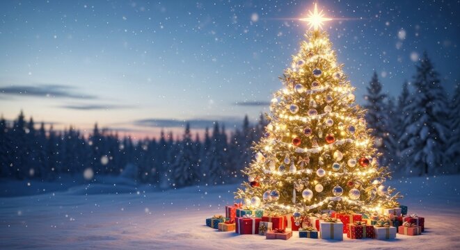 A beautifully lit Christmas tree with ornaments and lights in a snowy landscape at dusk. - Powered by Adobe